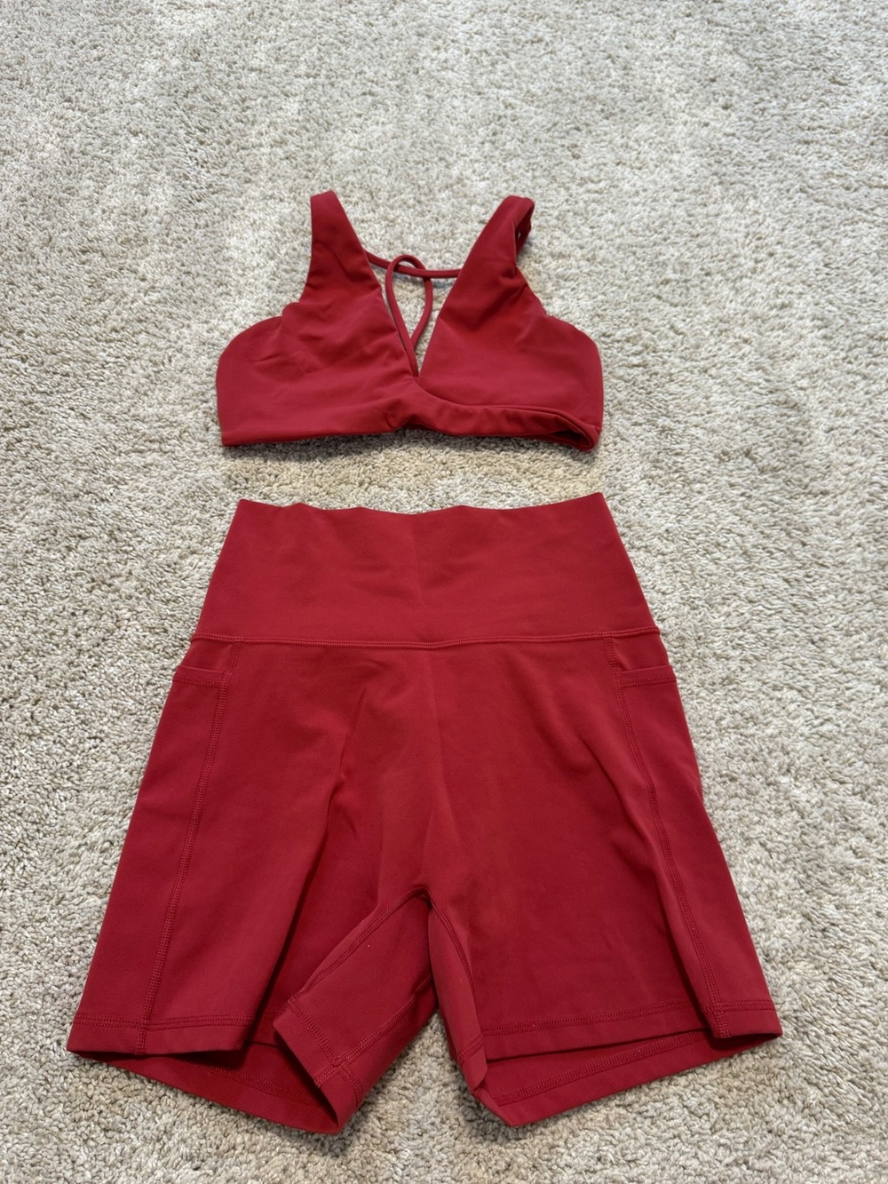 LSKD High-Waist Active Bike Shorts & V-Neck Sports Bra Set - Deep Red